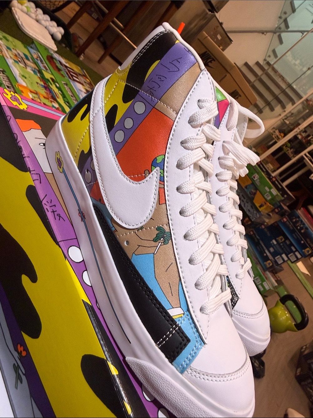New!Nike Women's White Multicolor Graphic High-Top Sneakers
